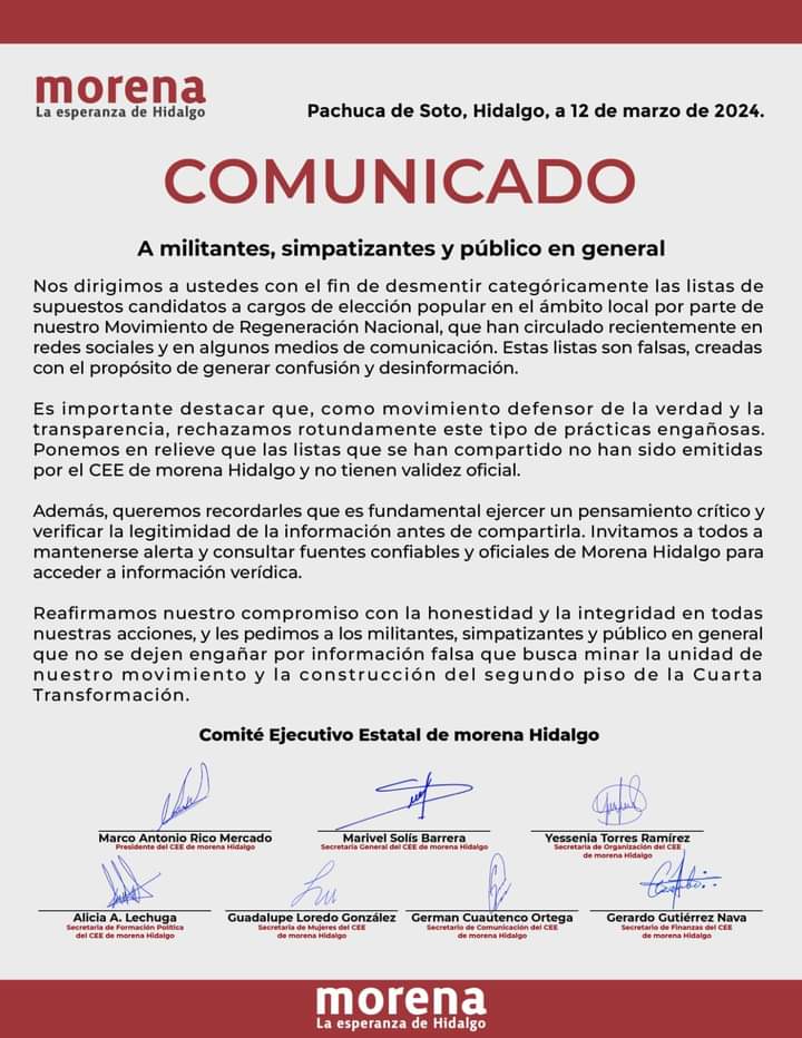 Morena Hidalgo desmiente lista de supuestos candidatos
